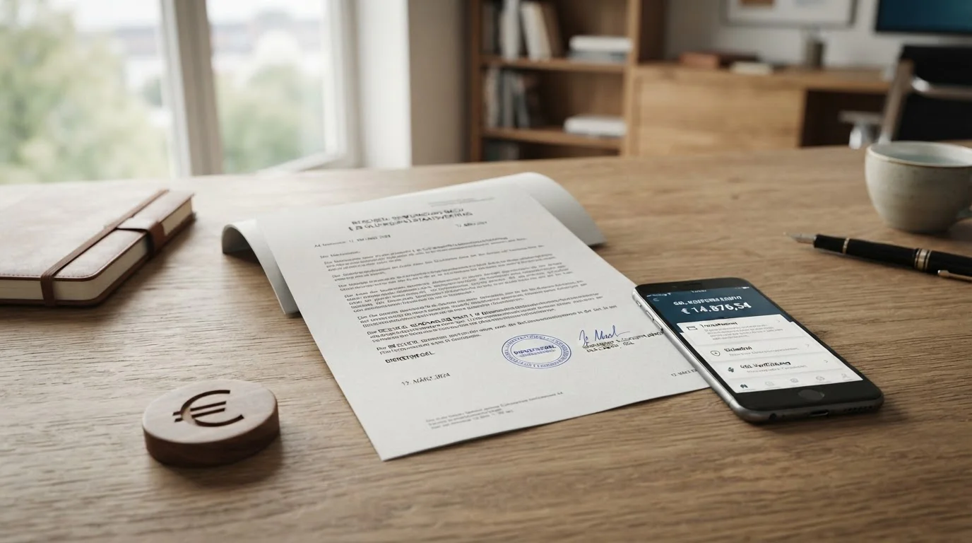 Regulierungsdokument auf einem Schreibtisch mit Smartphone und kleinem Euro-Token