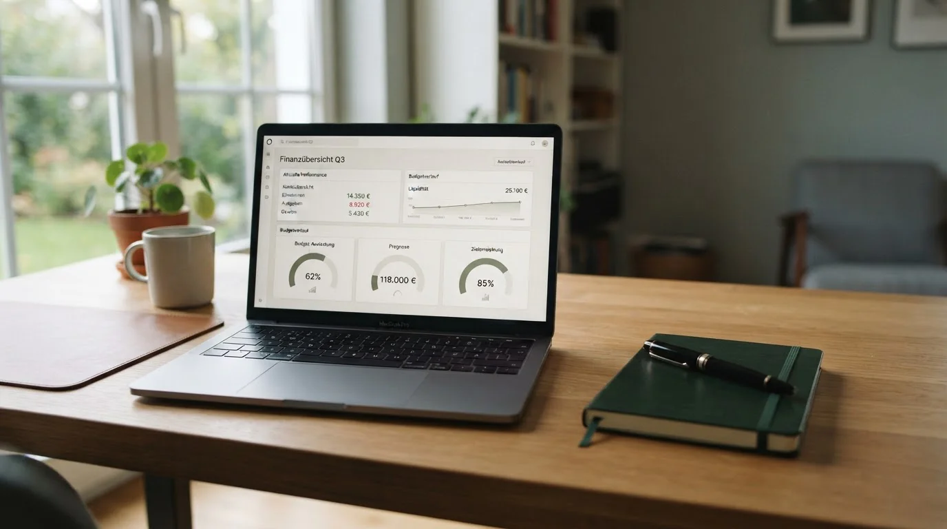 Laptop mit LUGAS-Logo und Notizbuch mit 1.000-Euro-Eintrag daneben