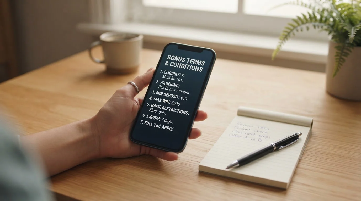 Nahaufnahme einer Hand, die auf einem Smartphone durch Bonus-Bedingungen scrollt, daneben Notizbuch mit Stift