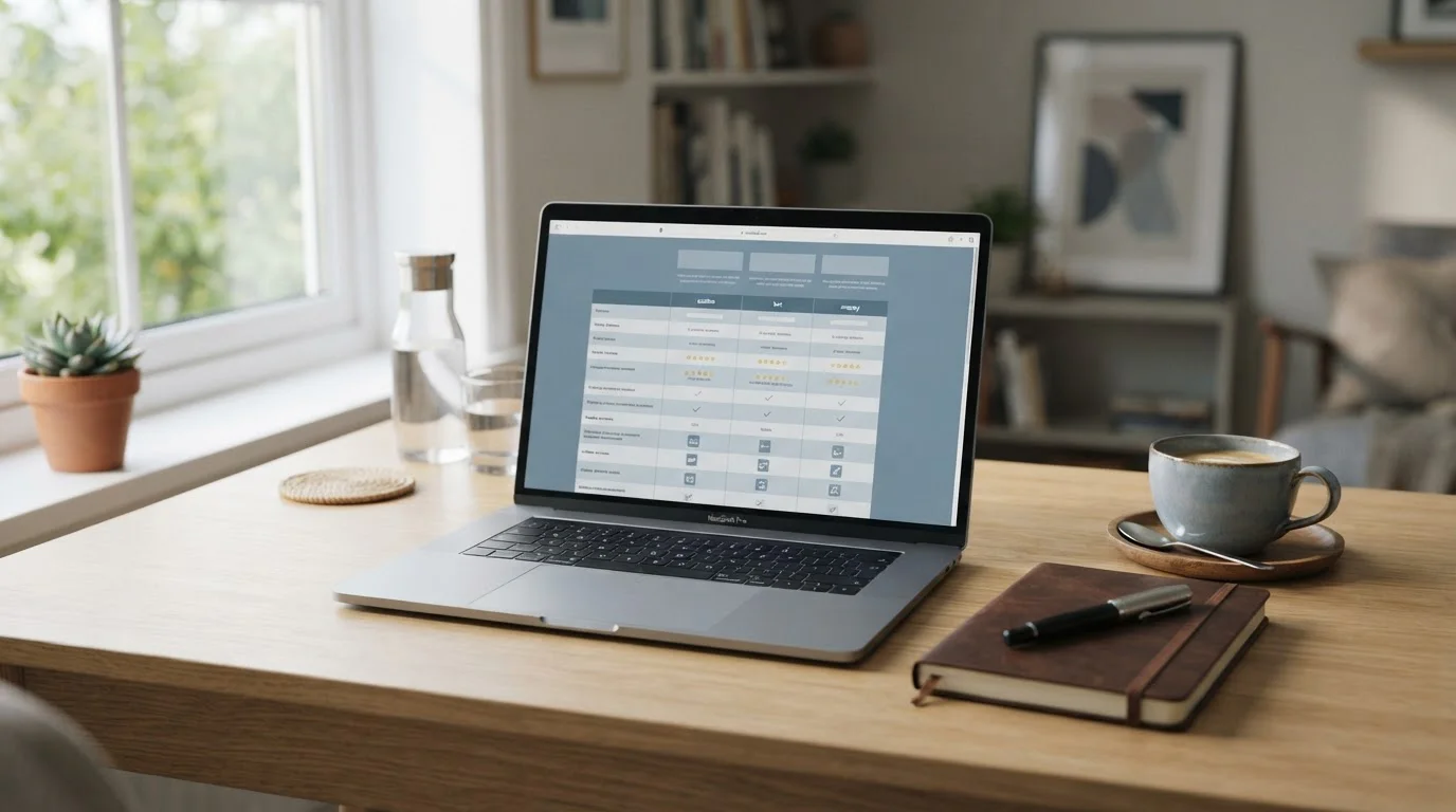 Laptop auf einem aufgeräumten Schreibtisch mit geöffnetem Online-Spielotheken-Vergleich und Notizbuch daneben