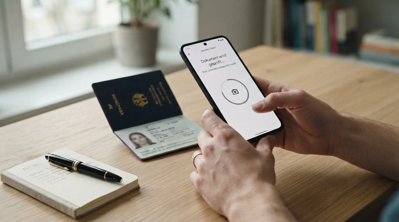 Hände über Smartphone mit Verifizierungs-App und Ausweis auf dem Schreibtisch