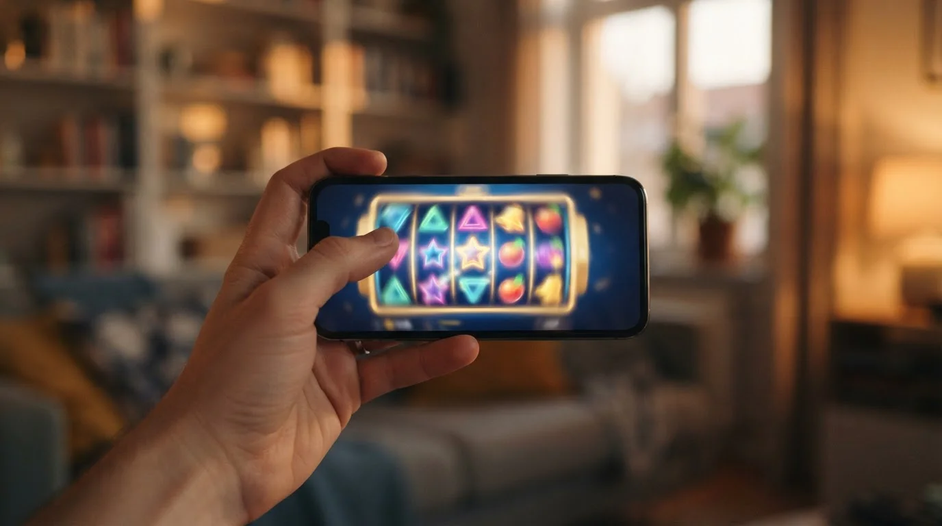 Hero-Motiv: Hand hält Smartphone mit leuchtendem Spielwalzen-Display vor unscharfem Wohnzimmer-Hintergrund, warme Abendlicht-Stimmung, schlichte Komposition