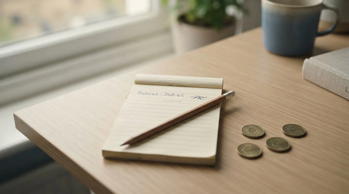 Bilanz-Tafel mit Stift und kleinen Euro-Symbolen daneben