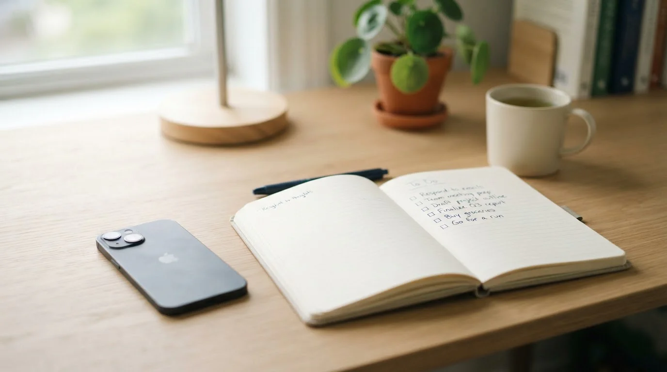 Notizbuch mit aufgeschlagener To-do-Liste und Smartphone daneben, Tageslicht, aufgeräumter Schreibtisch