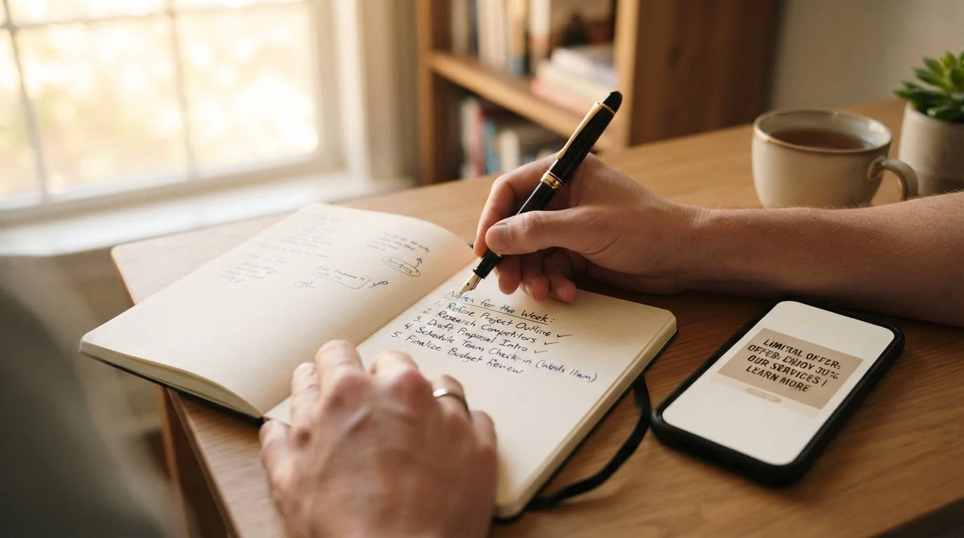 Notizbuch mit handschriftlichen Fragen, daneben ein Smartphone mit Casino-Bonusangebot