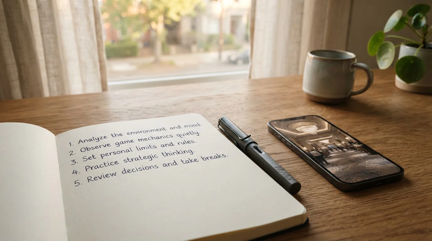 Offenes Notizbuch mit handgezeichneter nummerierter Liste auf Schreibtisch für die Bonus-Mechanik