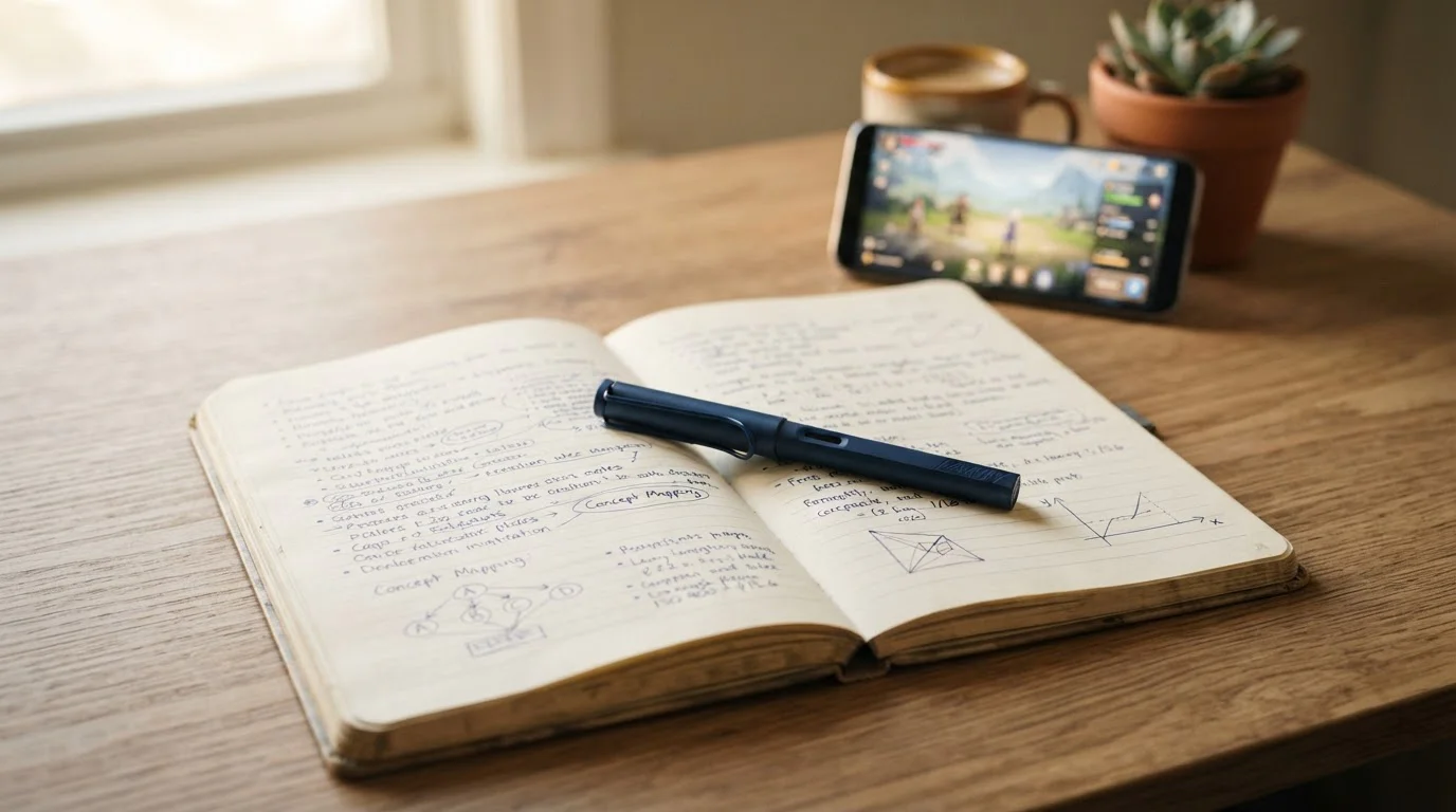 Notizbuch mit aufgeschlagenen Bonusbedingungen, daneben ein Stift und ein Smartphone mit Spielothek-App