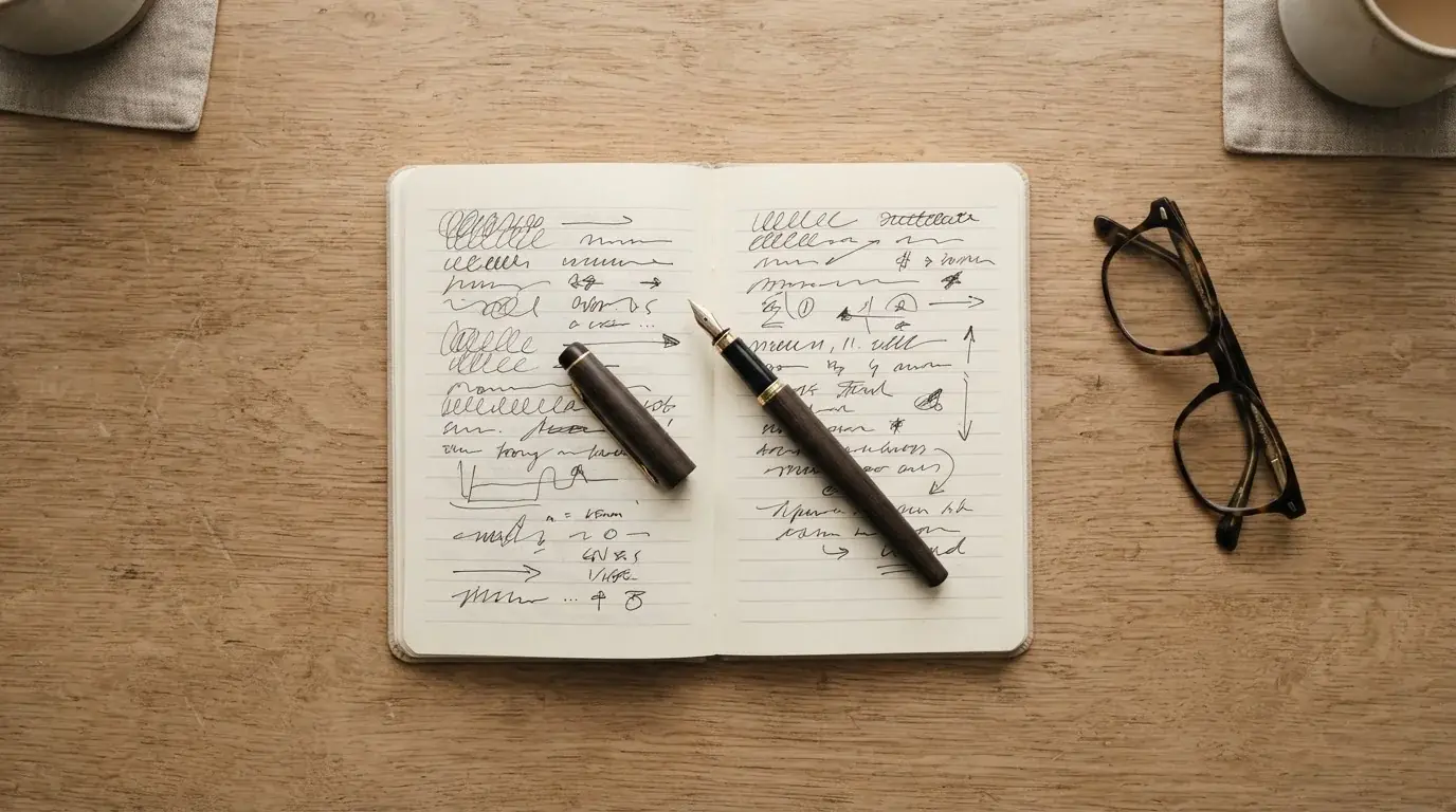 Notizbuch mit handgeschriebenen Bonusbedingungen und Stift daneben