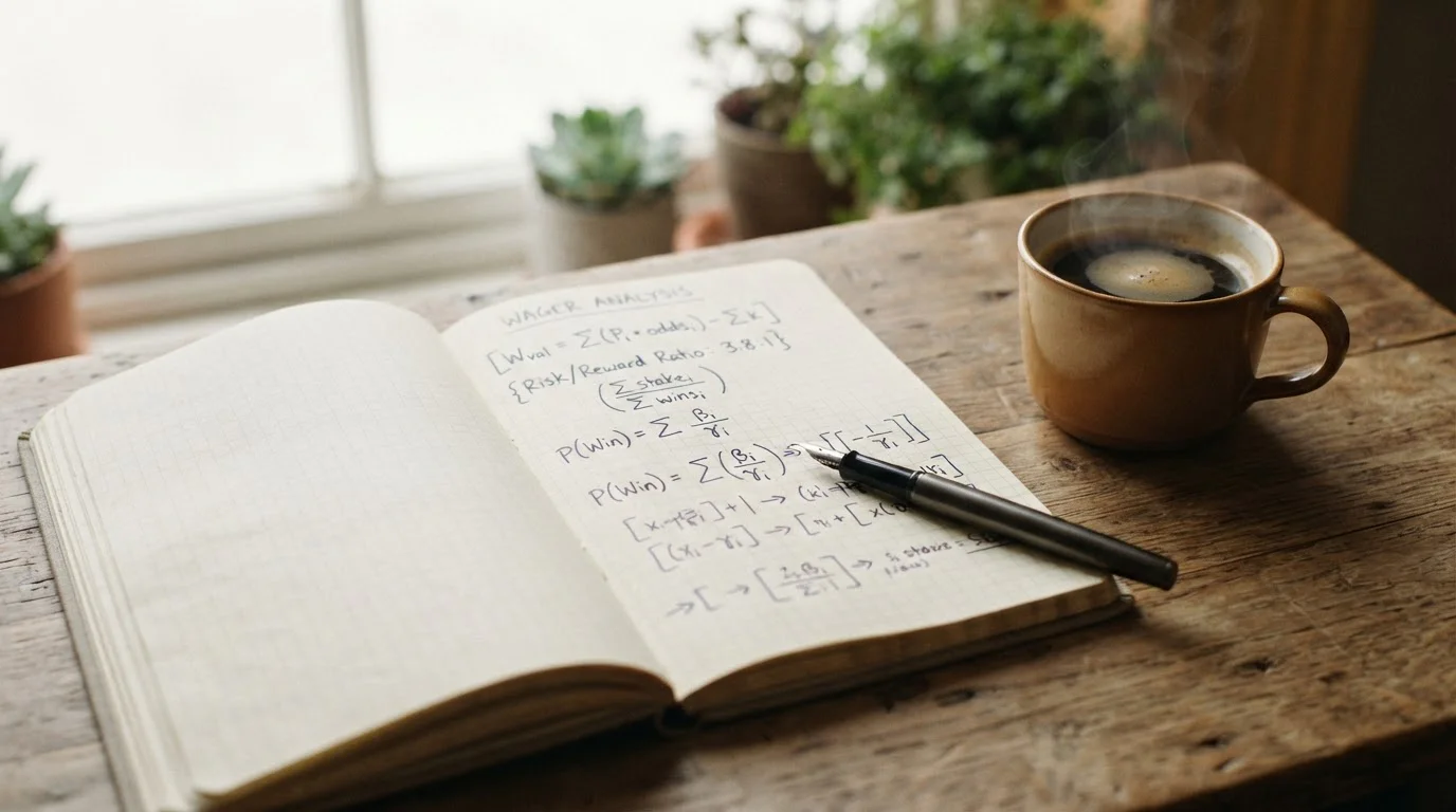 Notizbuch mit Stift und Rechenformel ohne sichtbare Geldscheine