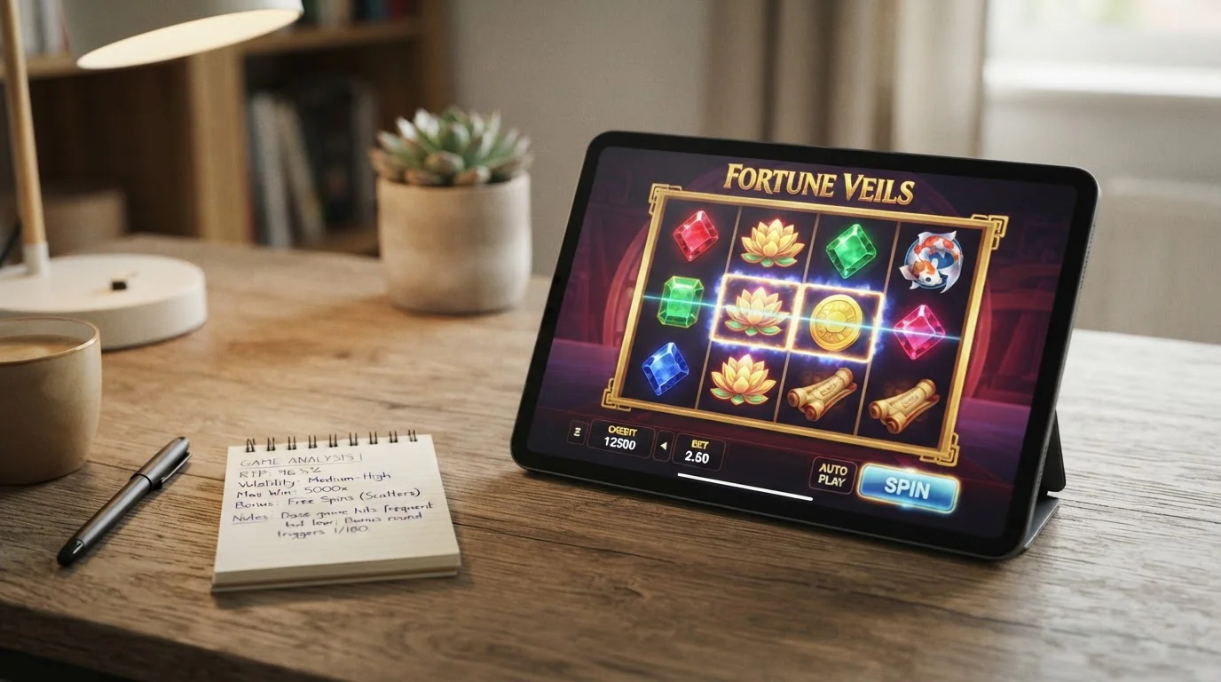 Stilisierter Spielautomat auf einem Bildschirm, neutral und ohne Markenbranding, daneben ein Notizbuch mit RTP-Werten und Volatilitäts-Notizen