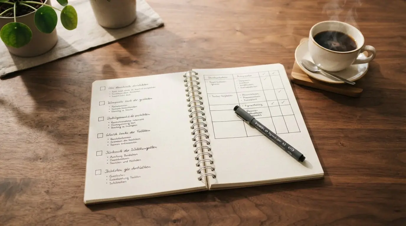 Checkliste auf einem Notizbuch mit Stift und Kaffeetasse