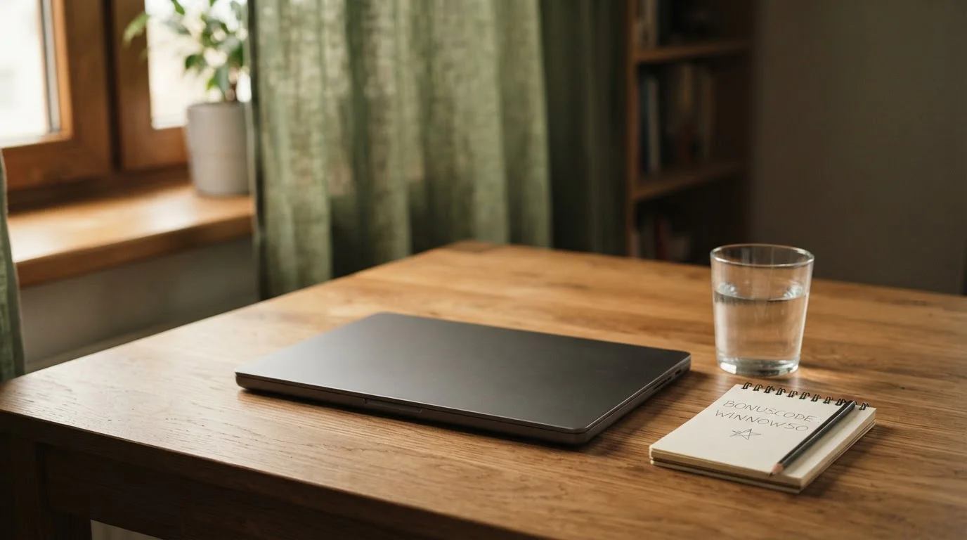Notebook mit Bonuscode-Eingabefeld und Spieltisch im Hintergrund ohne Branding