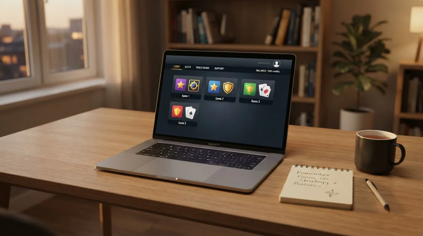 Laptop mit offener Casino-Webseite und ein Hinweisschild zum Lizenzstatus, neutrales Licht