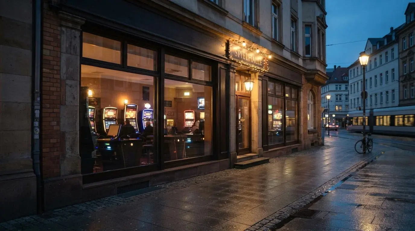 Fassade einer seriösen deutschen Spielhalle mit beleuchteter Beschriftung am Abend, neutrale Außenaufnahme