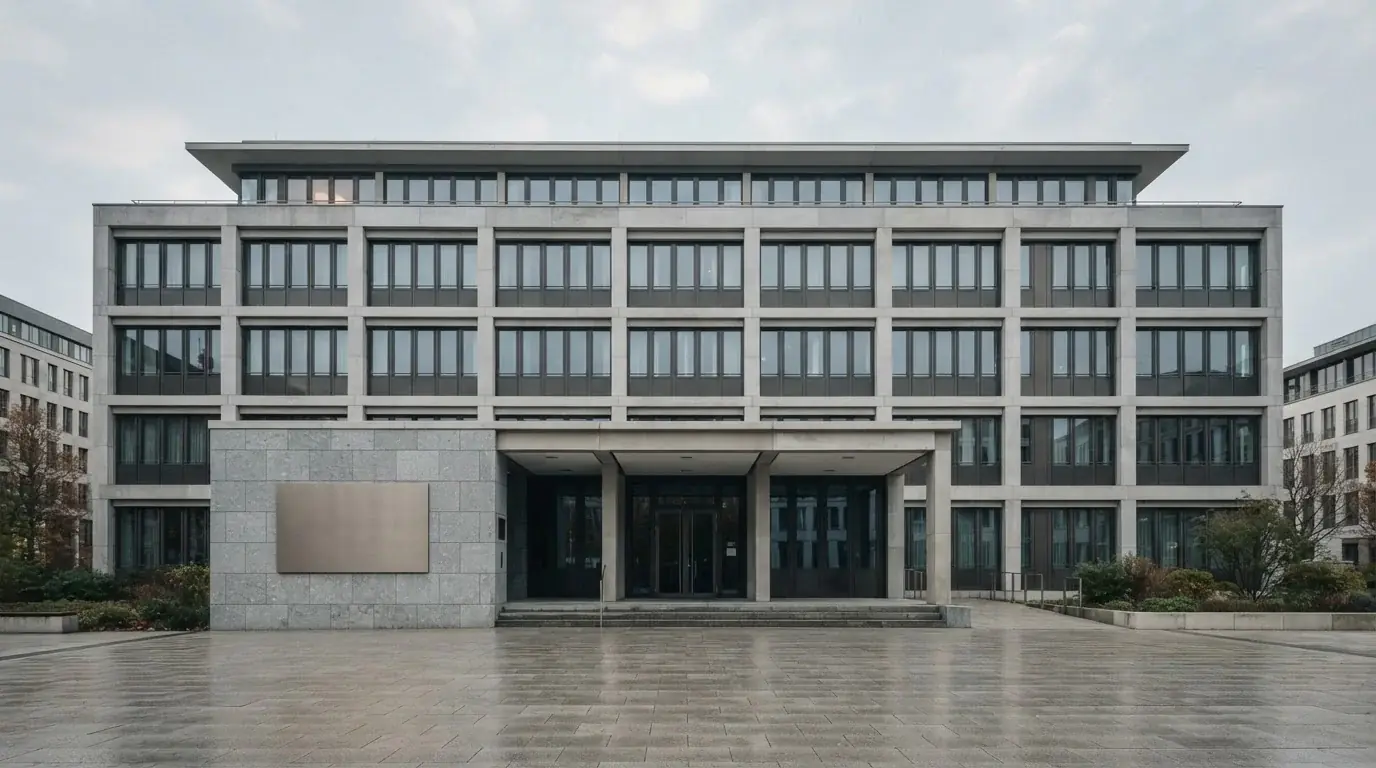 Schild einer Aufsichtsbehörde an einer modernen Fassade, neutrales Tageslicht