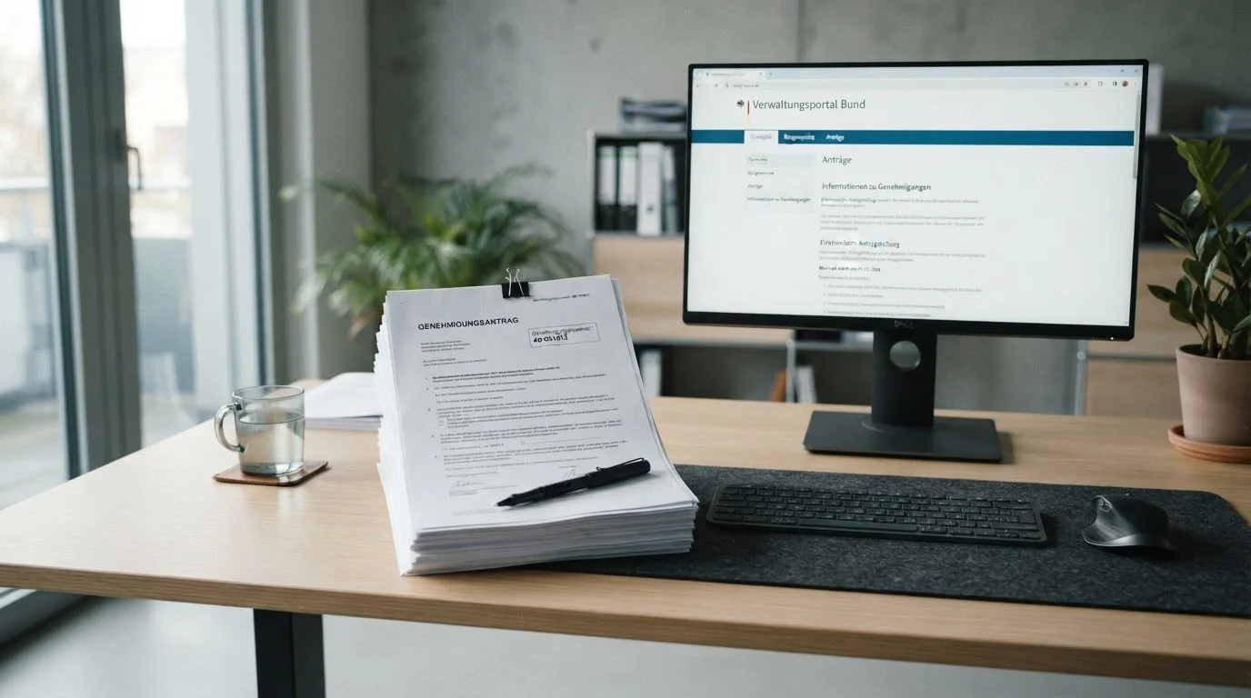 Ordner mit GGL-Erlaubnis und drei Domänen-Adressen auf einem Bildschirm, Bürolicht