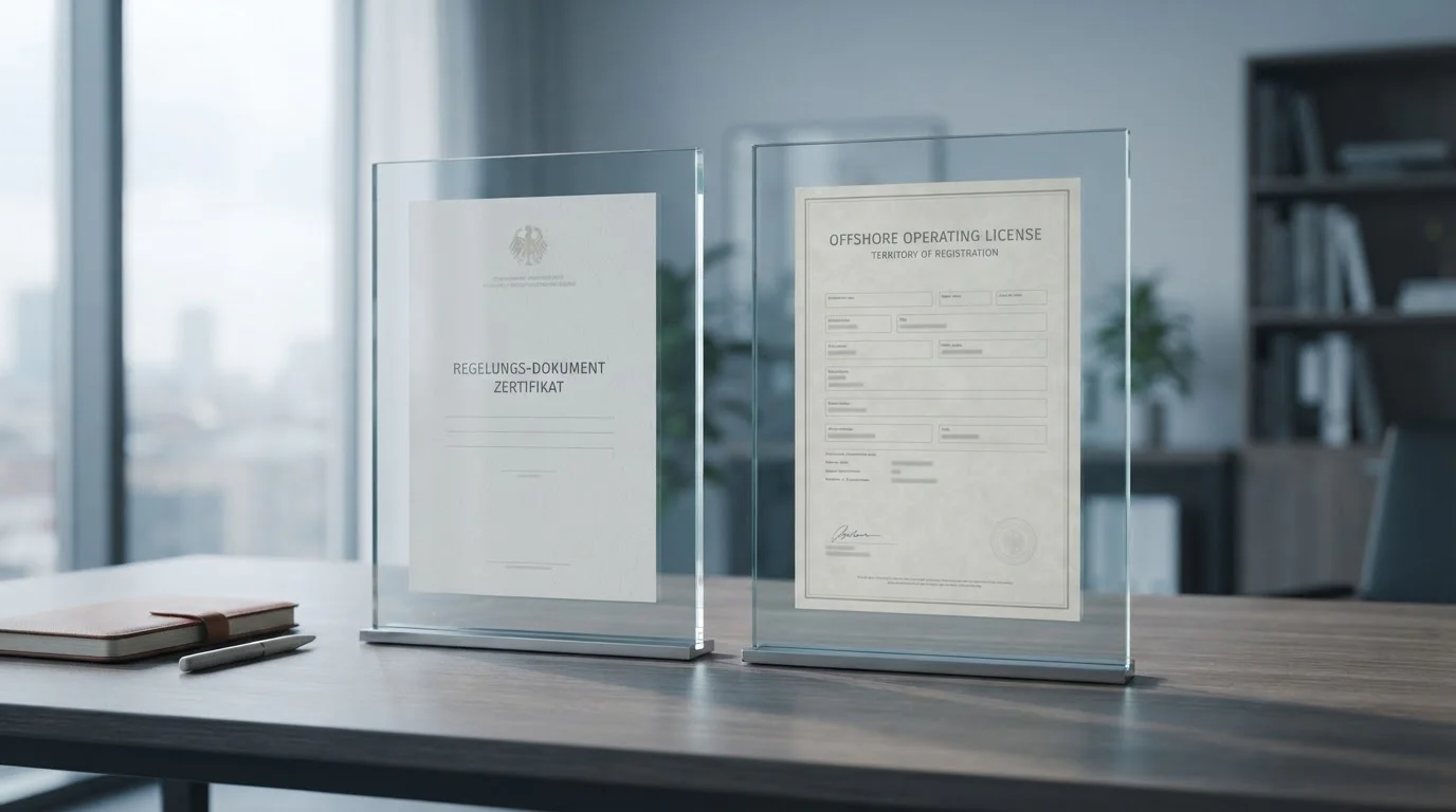 Zwei Glas-Paneele auf Schreibtisch mit Lizenzdokumenten als Symbol für die GGL- und Curaçao-Aufteilung