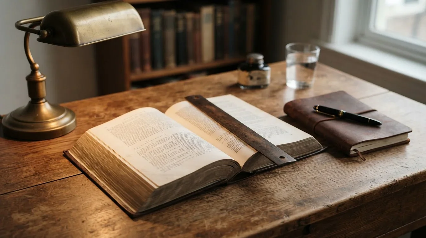 Tisch mit aufgeschlagenem Vertragsheft, einem Lineal und einem Notizbuch