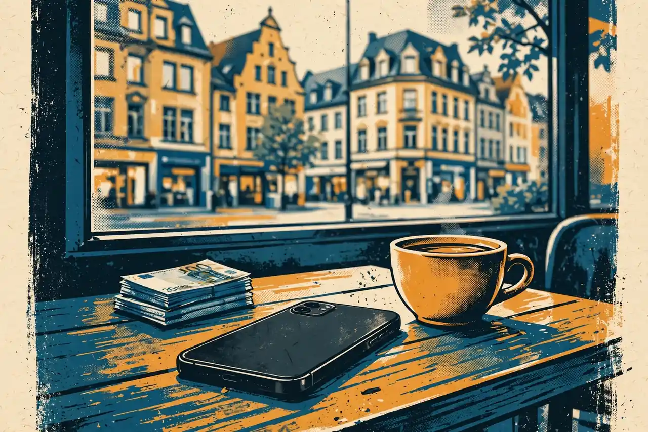 Smartphone auf einem Tisch mit Kaffeetasse und Euro-Geldscheinen in einem deutschen Café.