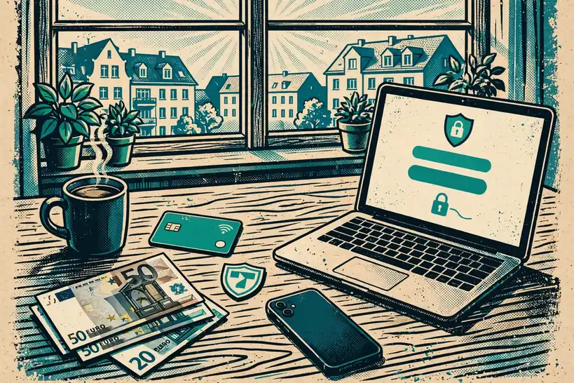 Smartphone und Laptop auf einem Tisch mit Euro-Scheinen und Bankkarte, sichere Online-Zahlung mit Trustly.