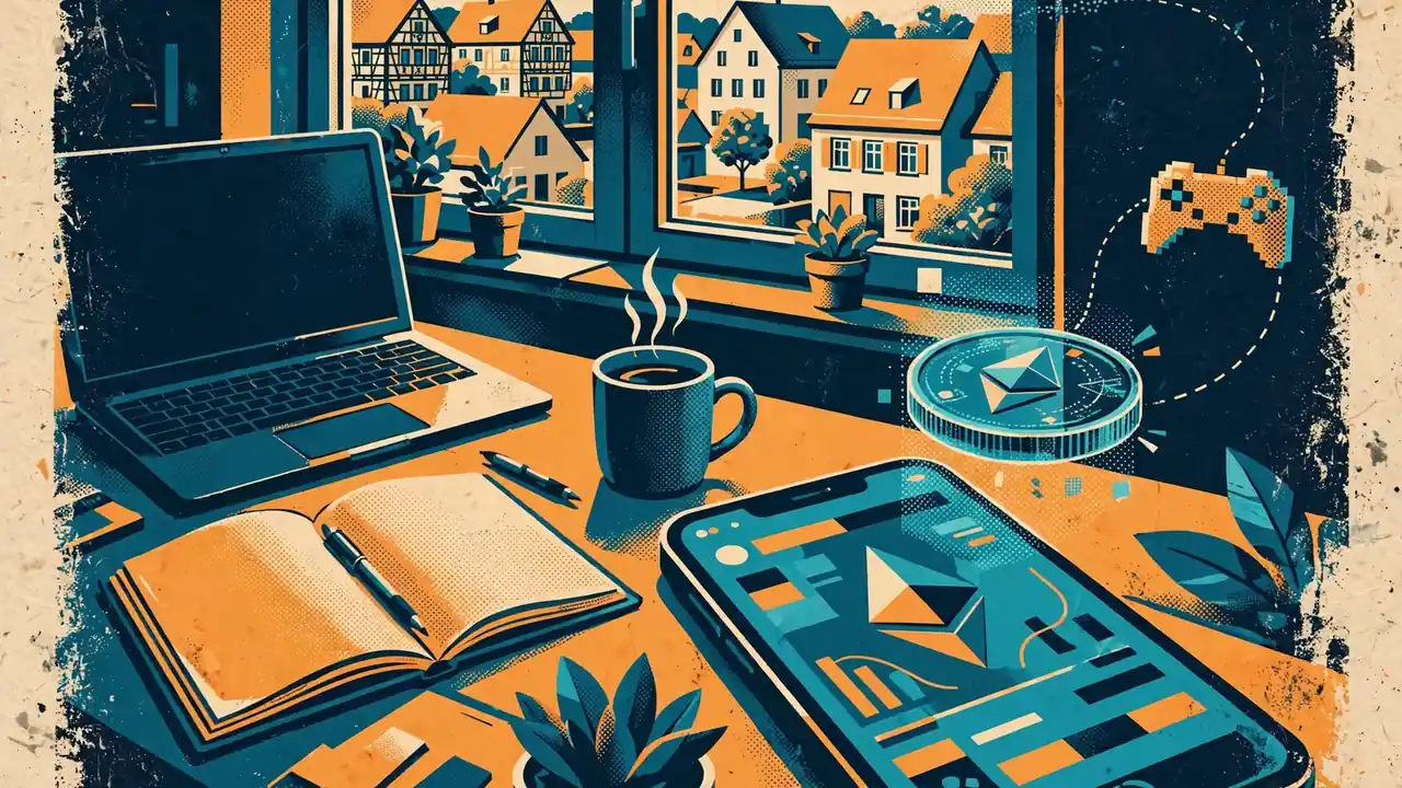 Schreibtisch mit Smartphone, Ethereum-Symbol und Laptop als Szene einer Krypto-Einzahlung.