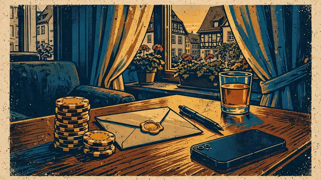 Casino-Chips, versiegelter Gutscheinbrief und Smartphone auf Mahagoni-Tisch in warmem Abendlicht.