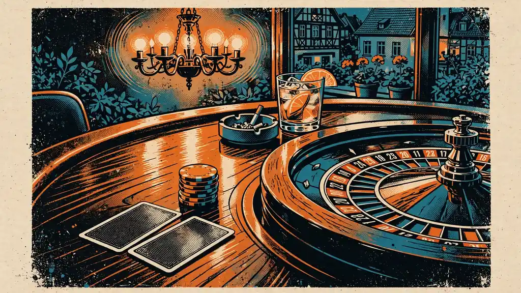 Roulette-Tisch mit Chips und Karten bei warmem Abendlicht