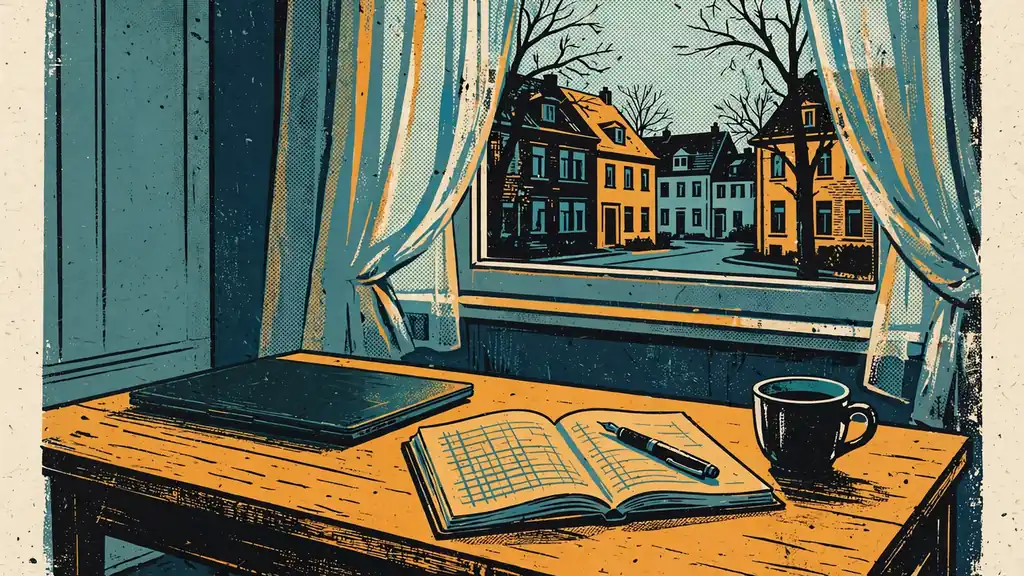 Schreibtisch mit geschlossenem Laptop, Notizbuch und Kaffeetasse am Fenster