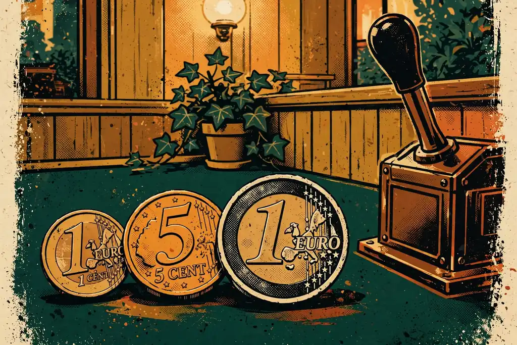 Euro-Münzen und Spielautomat-Hebel auf grünem Filz