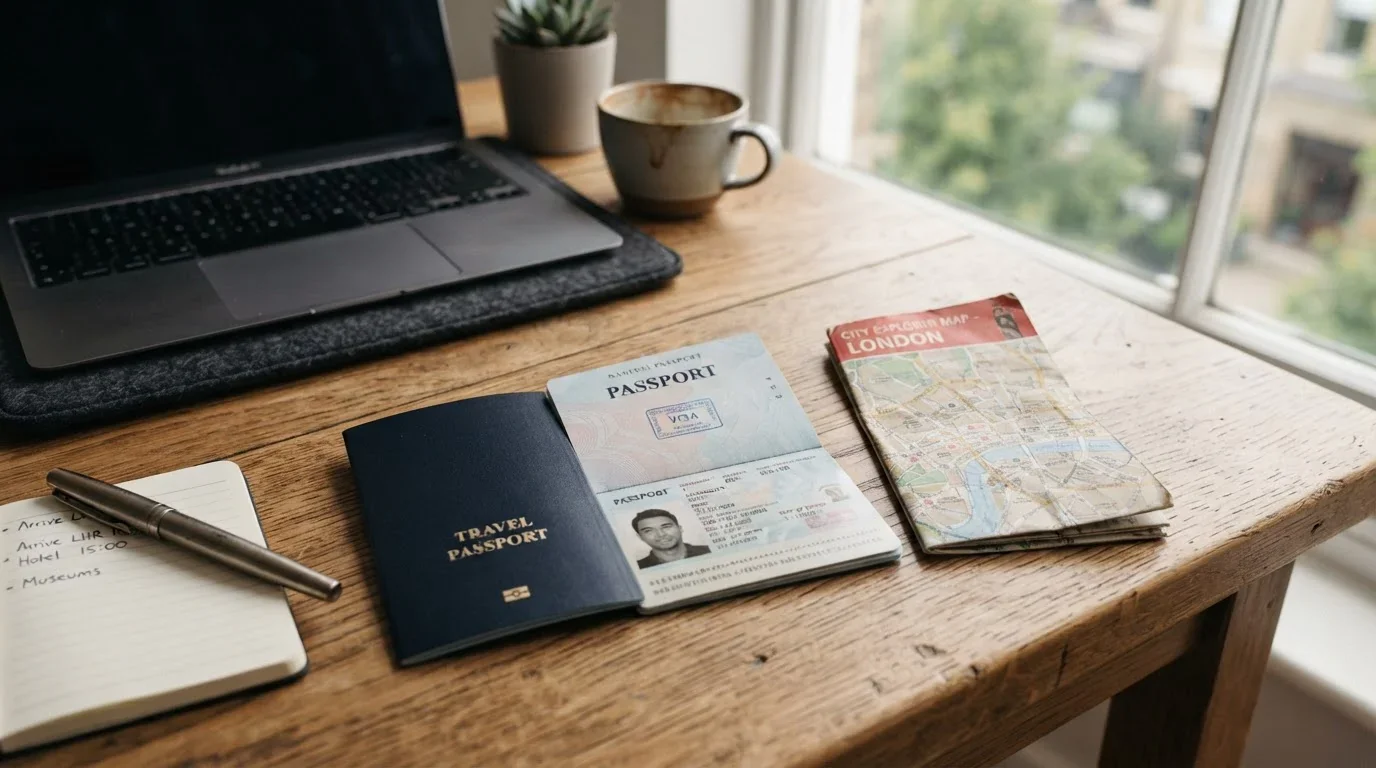 Reisepass auf einem Schreibtisch neben einer kleinen gefalteten Reisekarte