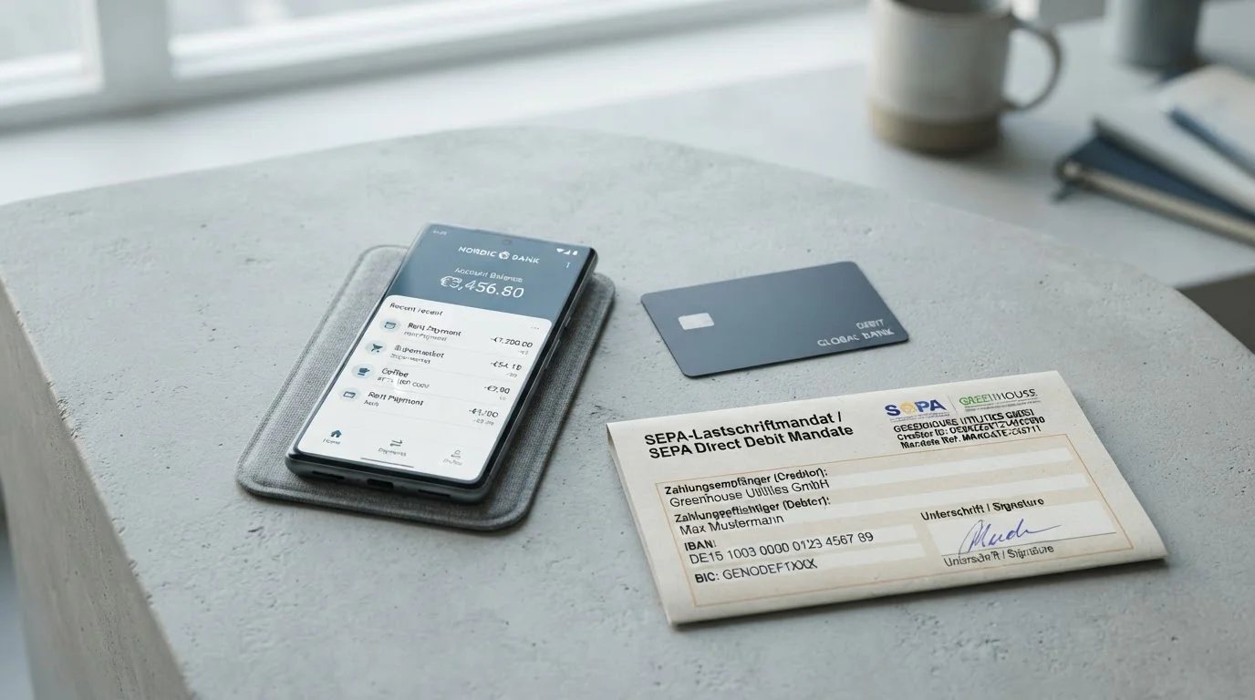 Drei alltägliche Zahlungsobjekte auf einer neutralen Oberfläche: Smartphone, eine generische Kreditkarte und ein gefaltetes SEPA-Formular