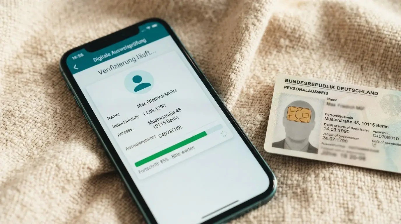 Smartphone-Display mit Identitätsprüfung und einem Ausweis daneben
