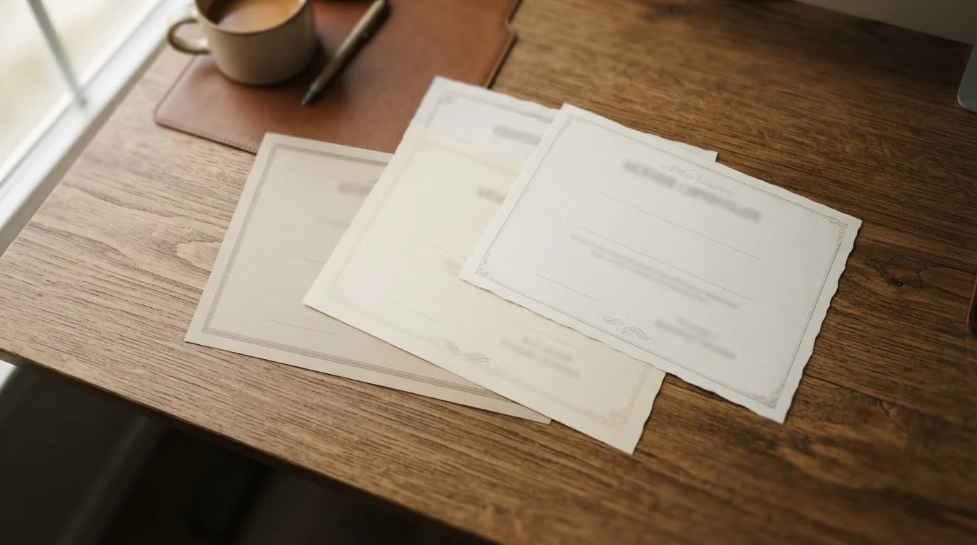 Drei überlappende Lizenzdokumente auf einem Schreibtisch, neutrales Bürolicht, kein erkennbares Logo