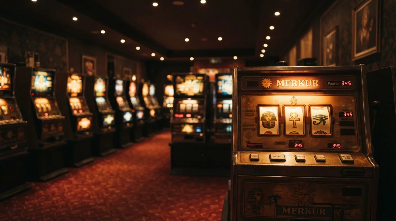Merkur-Automat in einer Spielothek-Lobby mit warmer Innenbeleuchtung