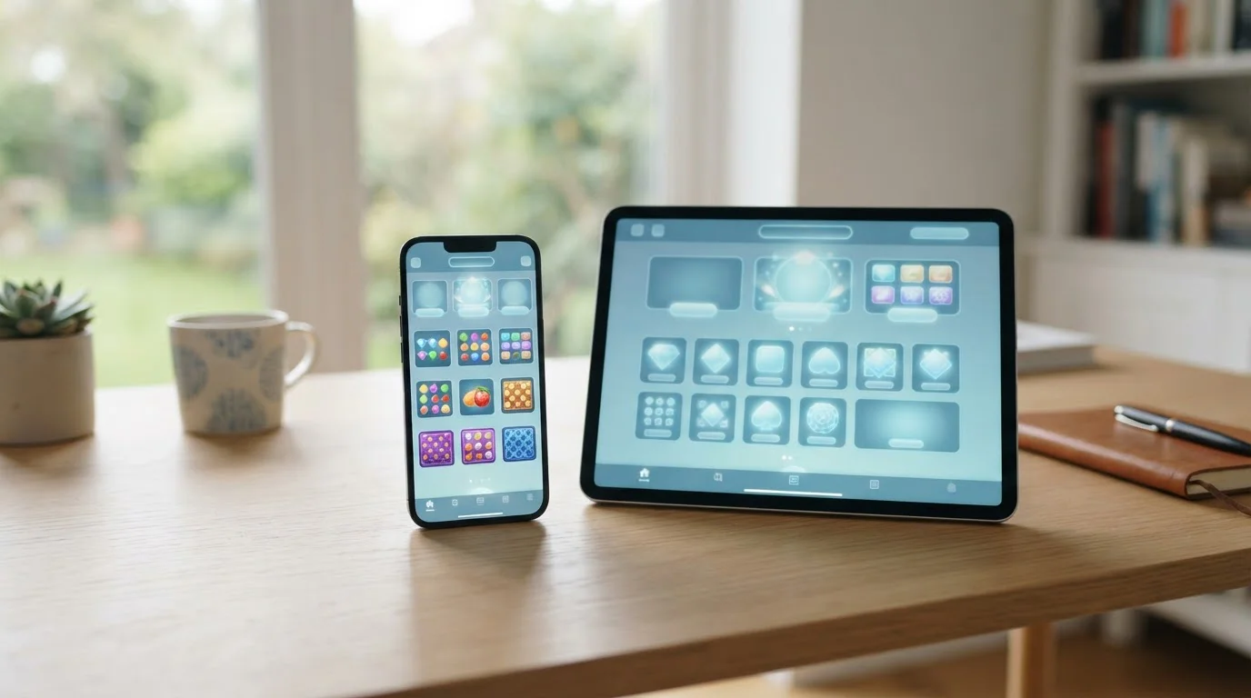 Smartphone und Tablet nebeneinander auf einem Schreibtisch, beide zeigen Spielothek-Oberfläche