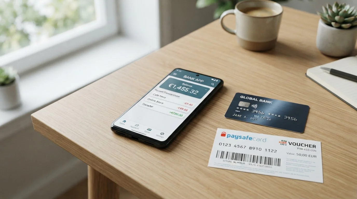 Smartphone auf Schreibtisch mit kontaktloser Kreditkarte und Paysafecard-Gutschein