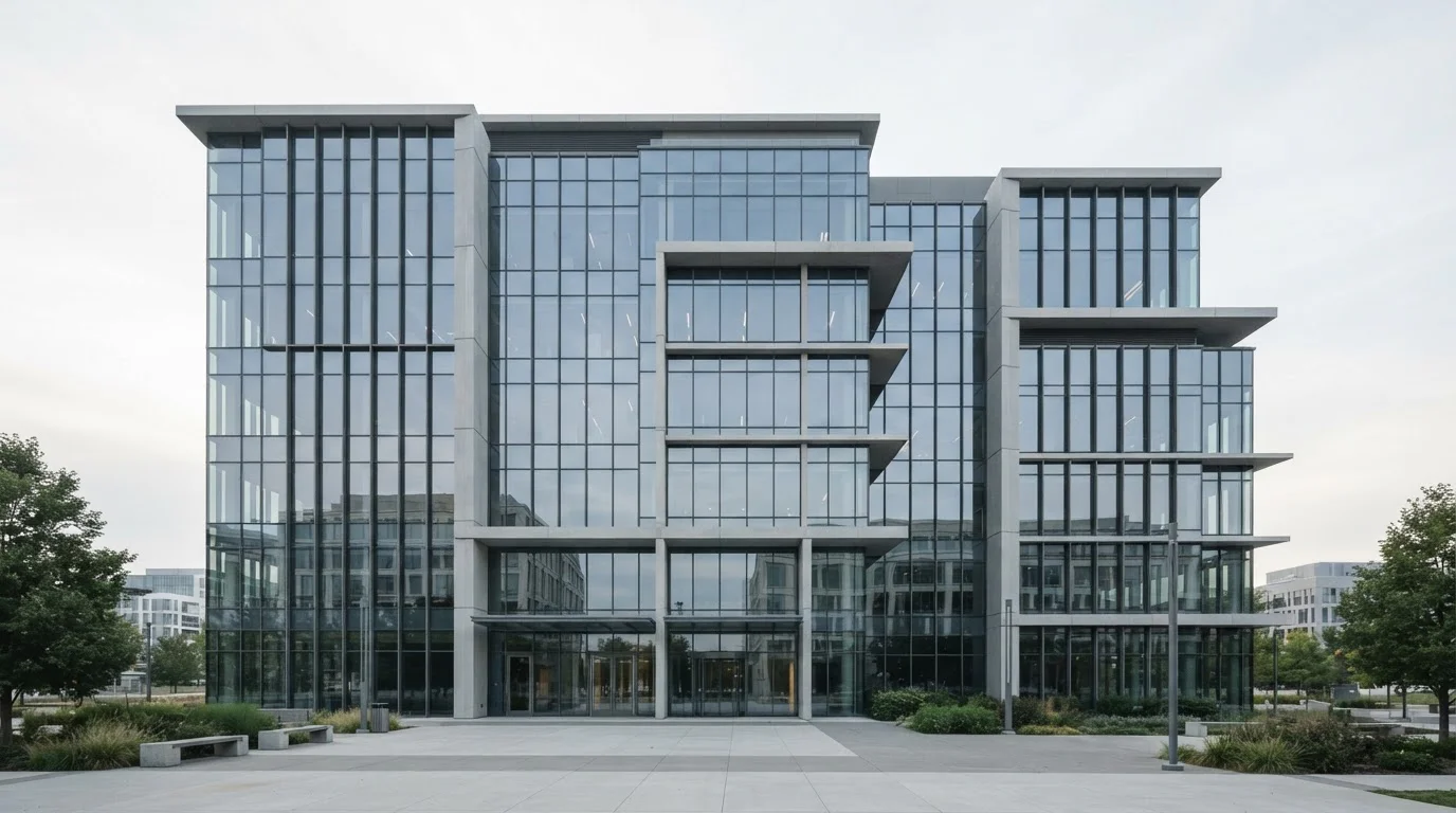 Glaswände eines modernen Bürogebäudes bei Tageslicht, kühle Farben, klare Linien — Symbol für Aufsichtsbehörde