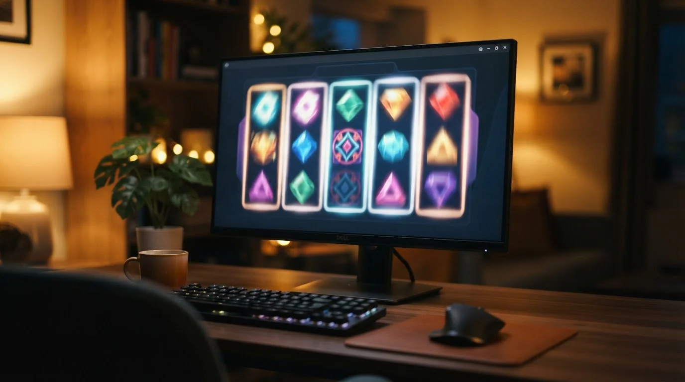 Bunte Spielwalzen auf einem Bildschirm, weicher Unschärfe-Effekt im Hintergrund, gemütliche Atmosphäre