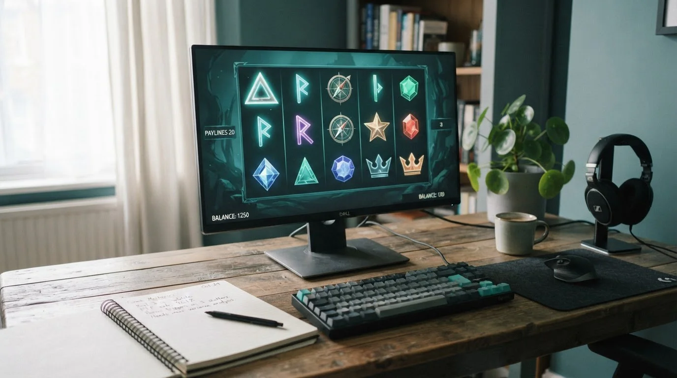 Desktop-Monitor mit generischer Spielautomat-Oberfläche auf einem ruhigen Arbeitsplatz
