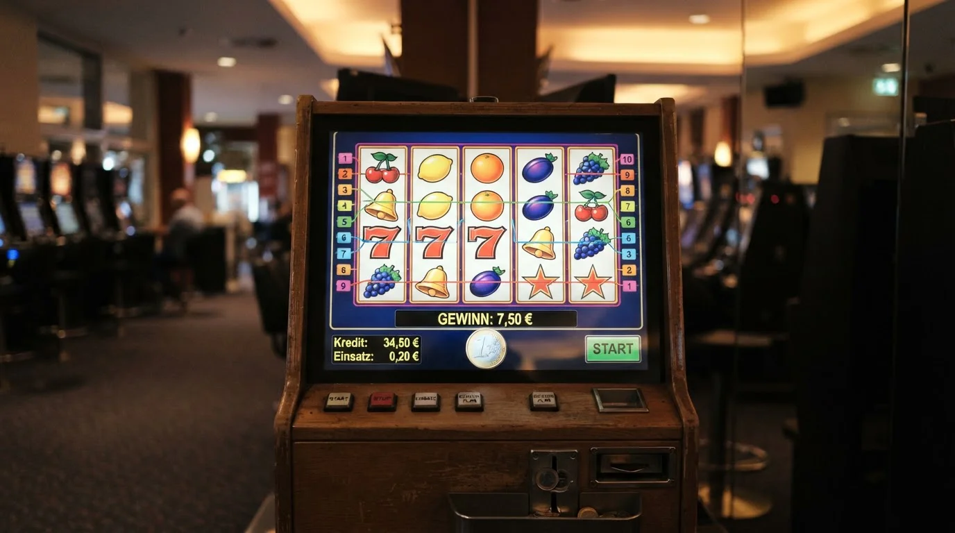 Spielautomat-Bildschirm mit klassischen Fruchtsymbolen und Euro-Münze im Vordergrund