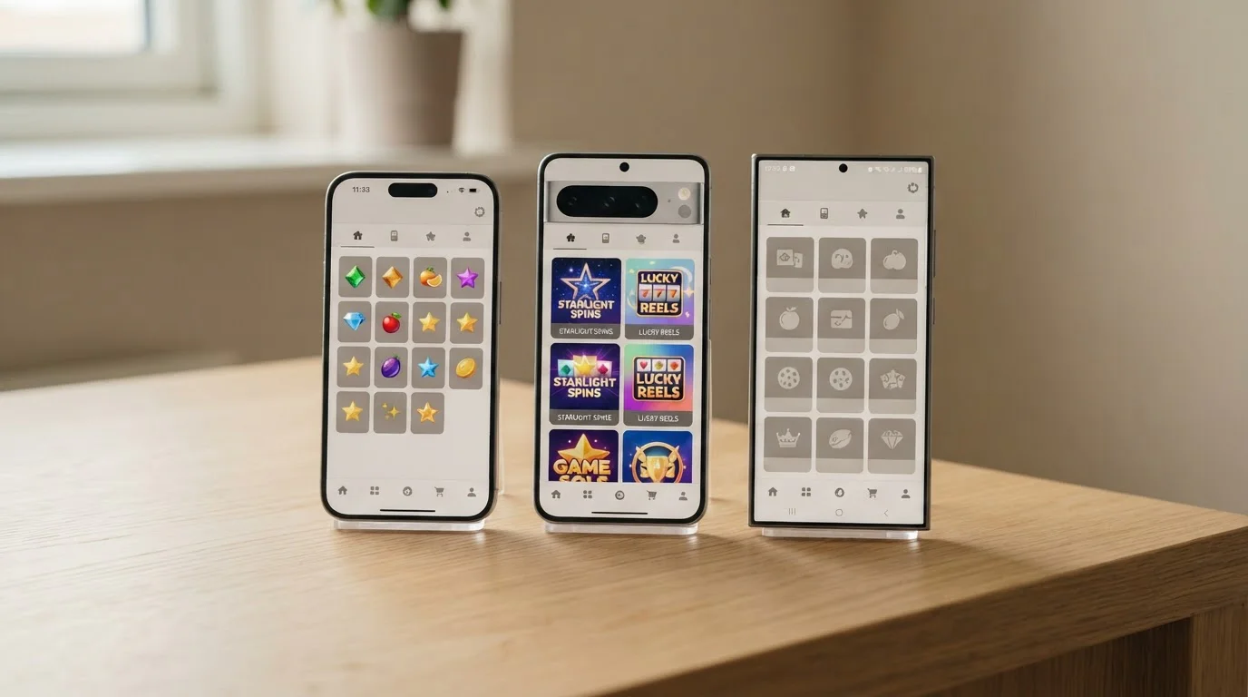 Übersicht dreier Smartphones mit Spielothek-Apps nebeneinander