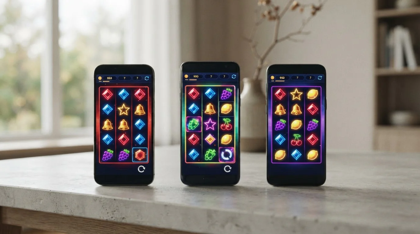 Drei generische Smartphone-Mockups mit abstrakten Spielautomaten-Rastern in einer aufgeräumten Reihe