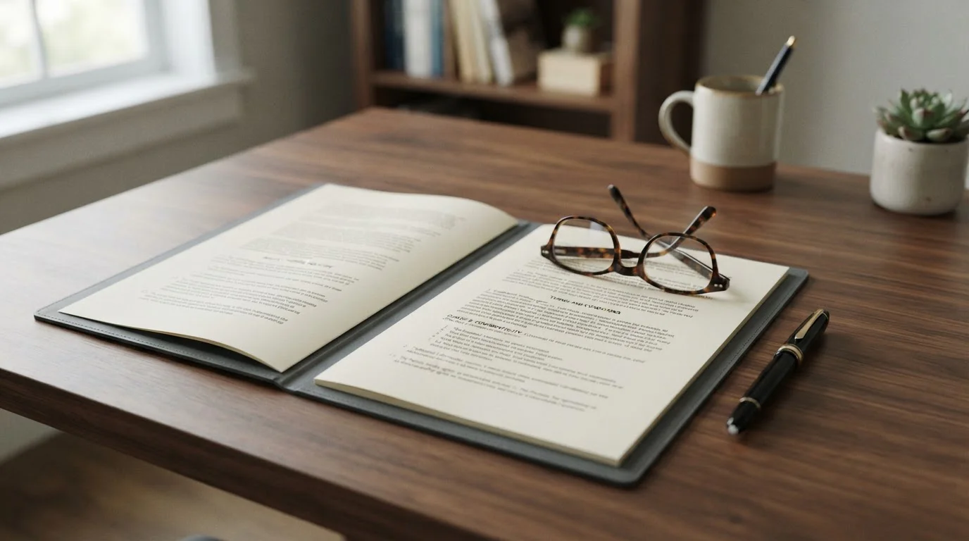 Ordner mit Vertragsklauseln und eine Brille auf einem Schreibtisch, neutrales Licht
