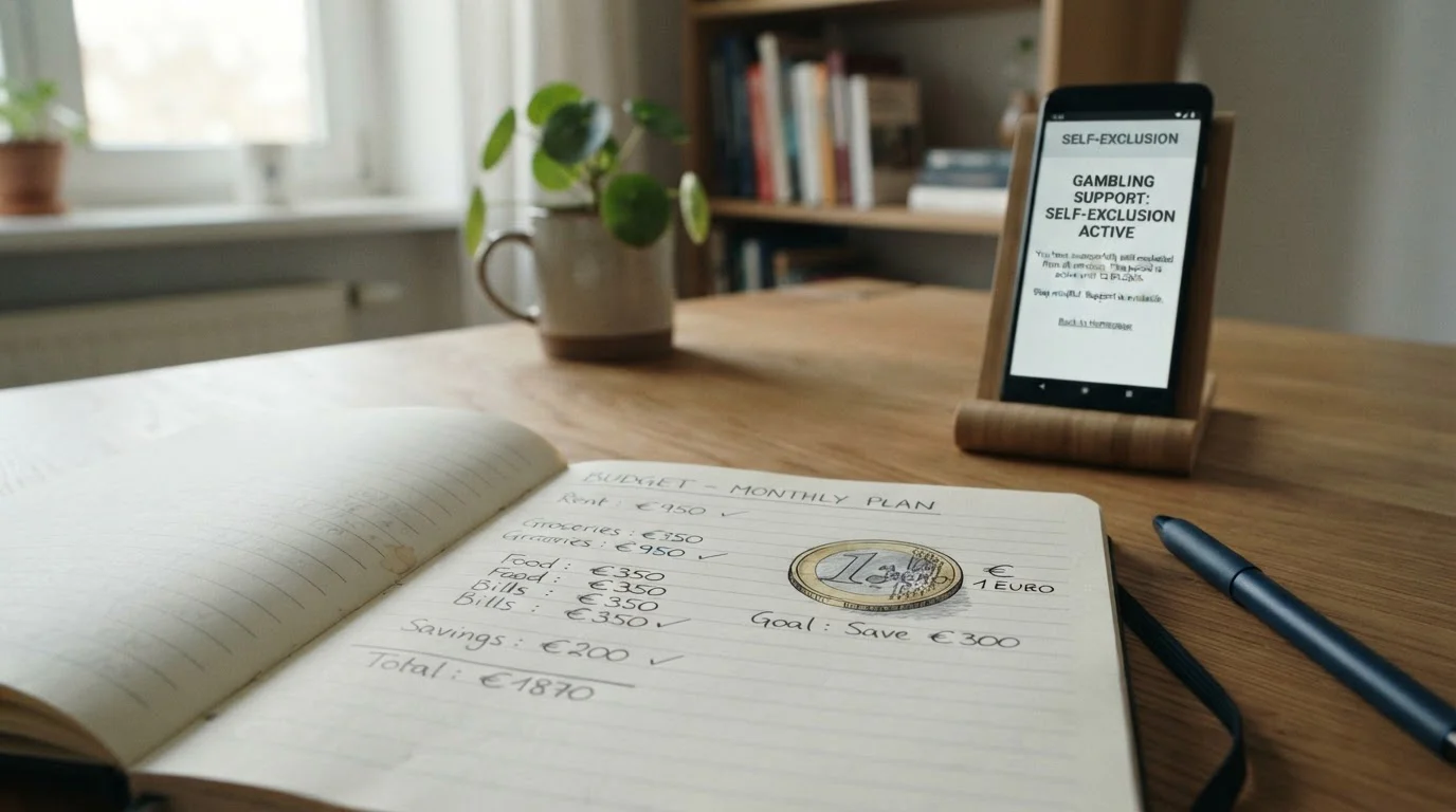 Notizbuch mit handschriftlichen Budgetnotizen und Smartphone mit Sperrinterface im Hintergrund