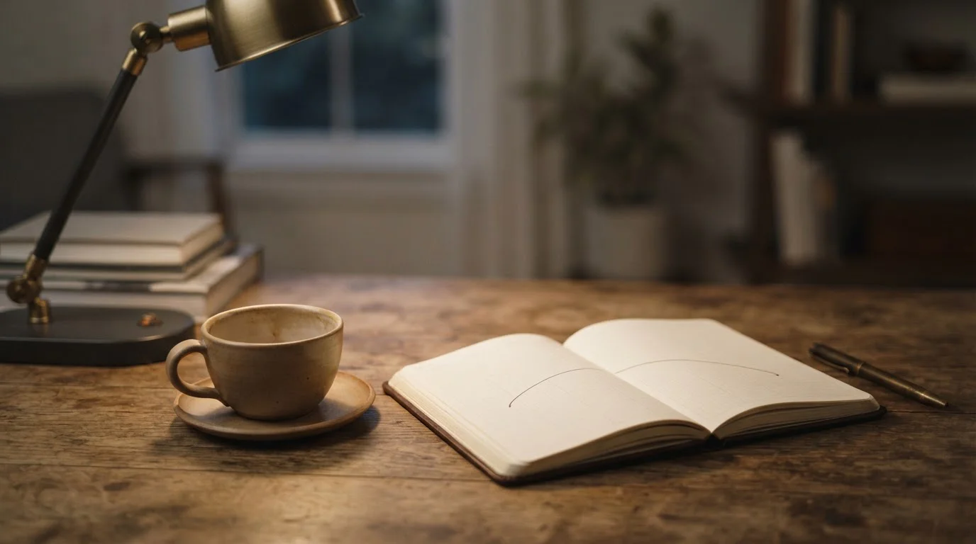 Leere Kaffeetasse und ein aufgeschlagenes Notizbuch mit Limits und Sperr-Hinweisen