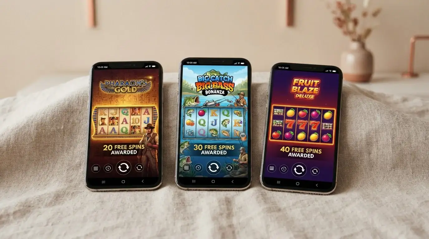Drei Smartphone-Displays nebeneinander mit Spielautomat-Screens
