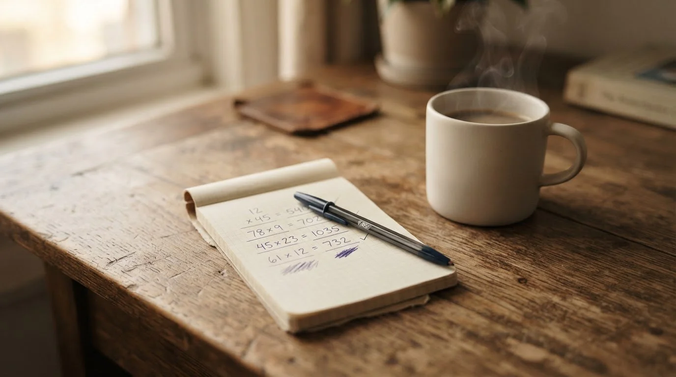Taschenrechner neben einem Notizbuch mit handschriftlichen Rechenbeispielen