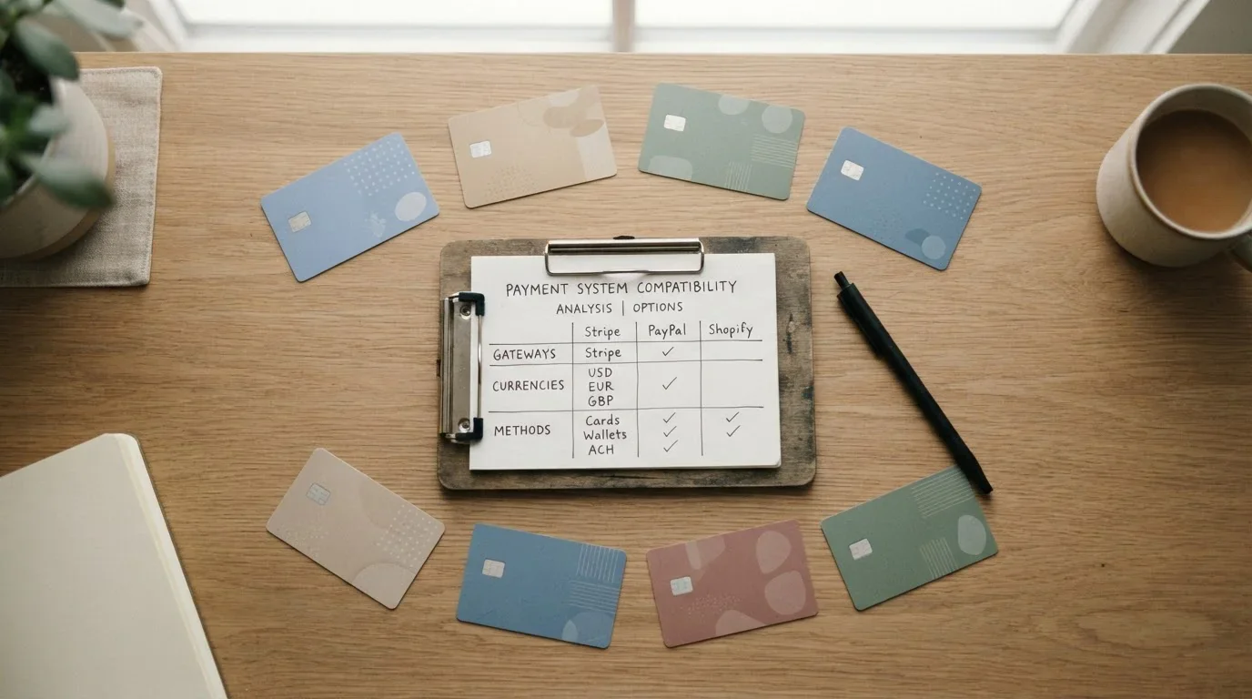 Flachbild-Anordnung von generischen Zahlungsmethoden-Karten mit Kompatibilitätsmatrix auf Schreibtisch