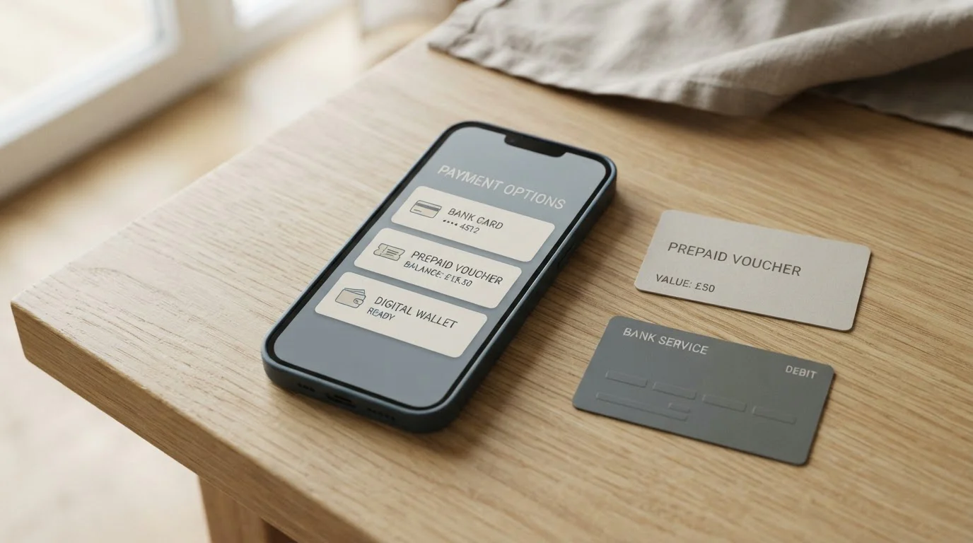 Smartphone mit Zahlungs-App, Prepaid-Card und Bankkonto auf einem Schreibtisch